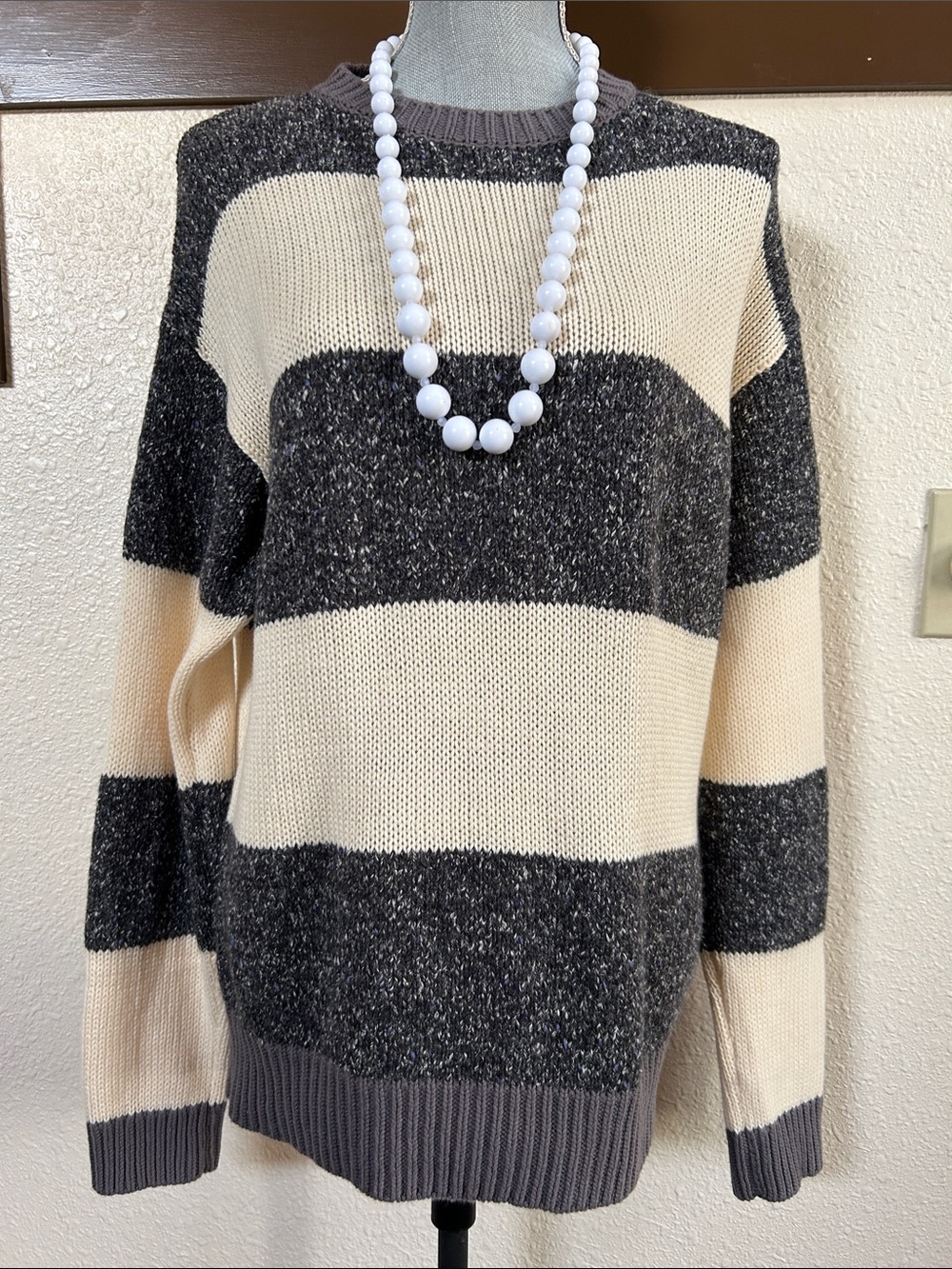 Urban Outfitters Striped Crewneck Sweater — Cream & Charcoal